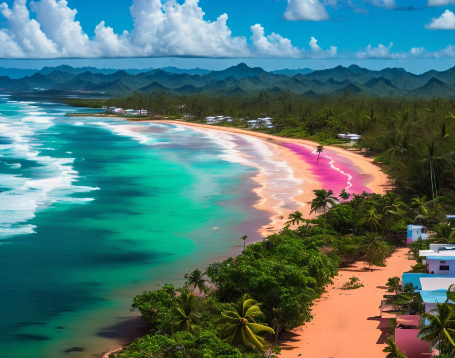 Tropical coastline with lush greenery, turquoise waters, and pink sand beach