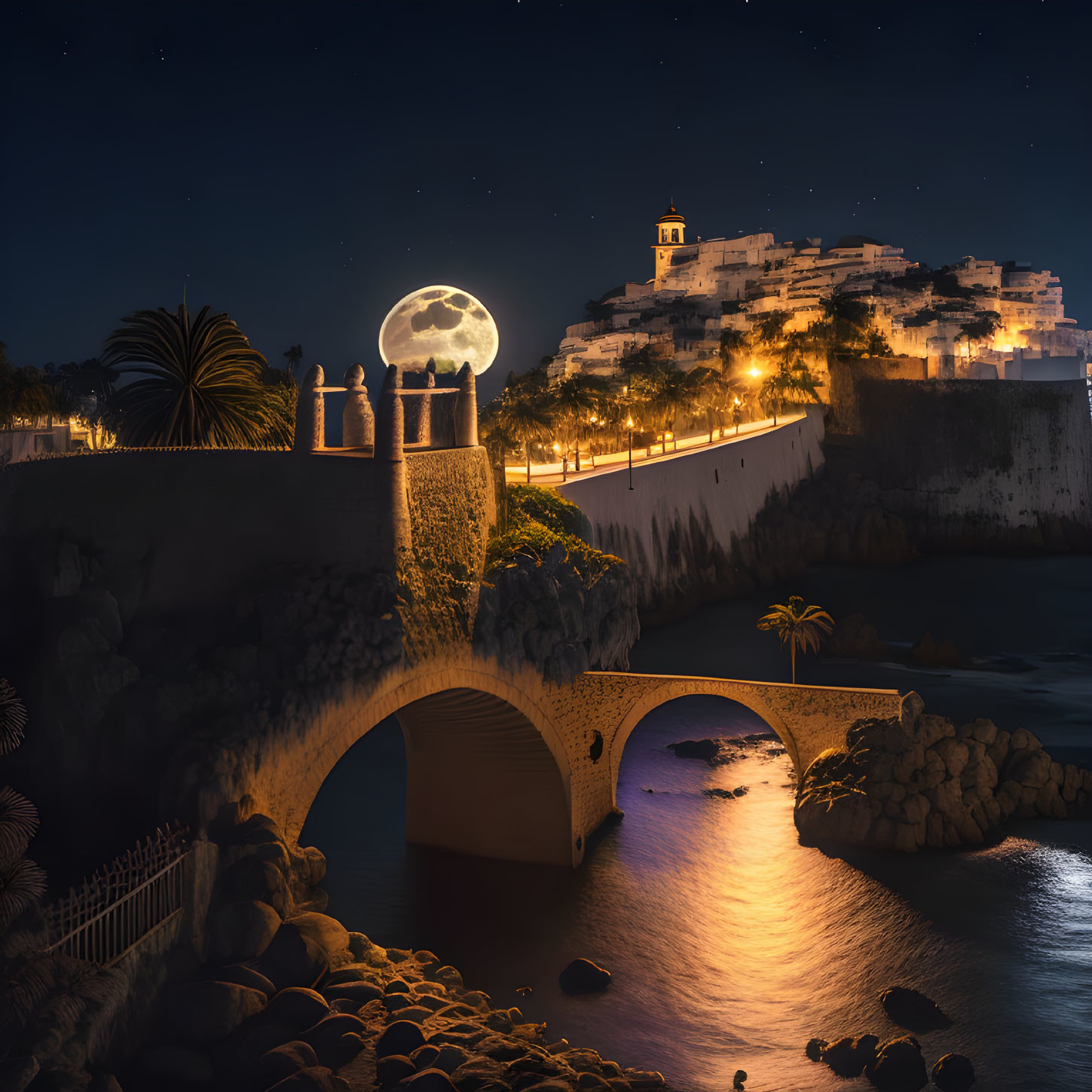 Illuminated Bridge with Arches Leading to Hilltop Village at Night