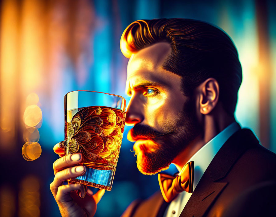 Mustached Man in Suit Holding Whiskey Glass Portrait