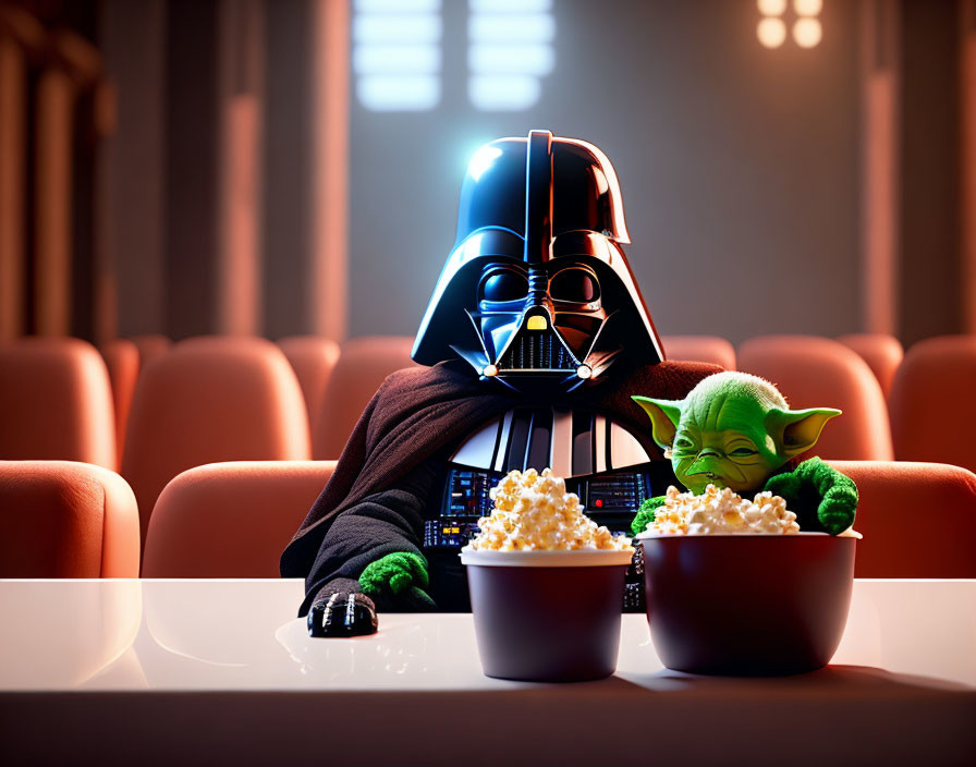 Sci-fi characters with popcorn in cinema