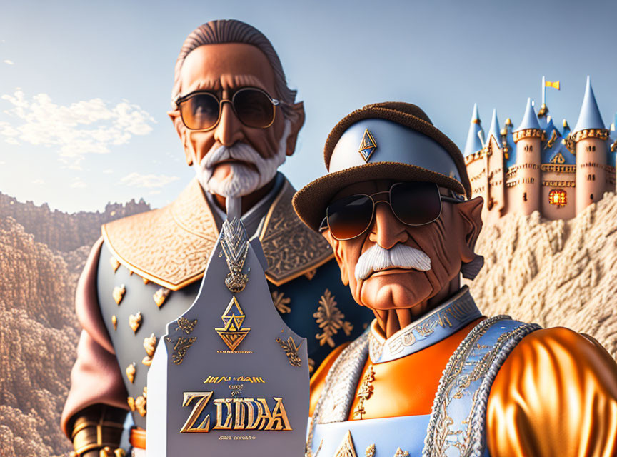 Stylized 3D characters in royal Zelda-themed attire with castle backdrop
