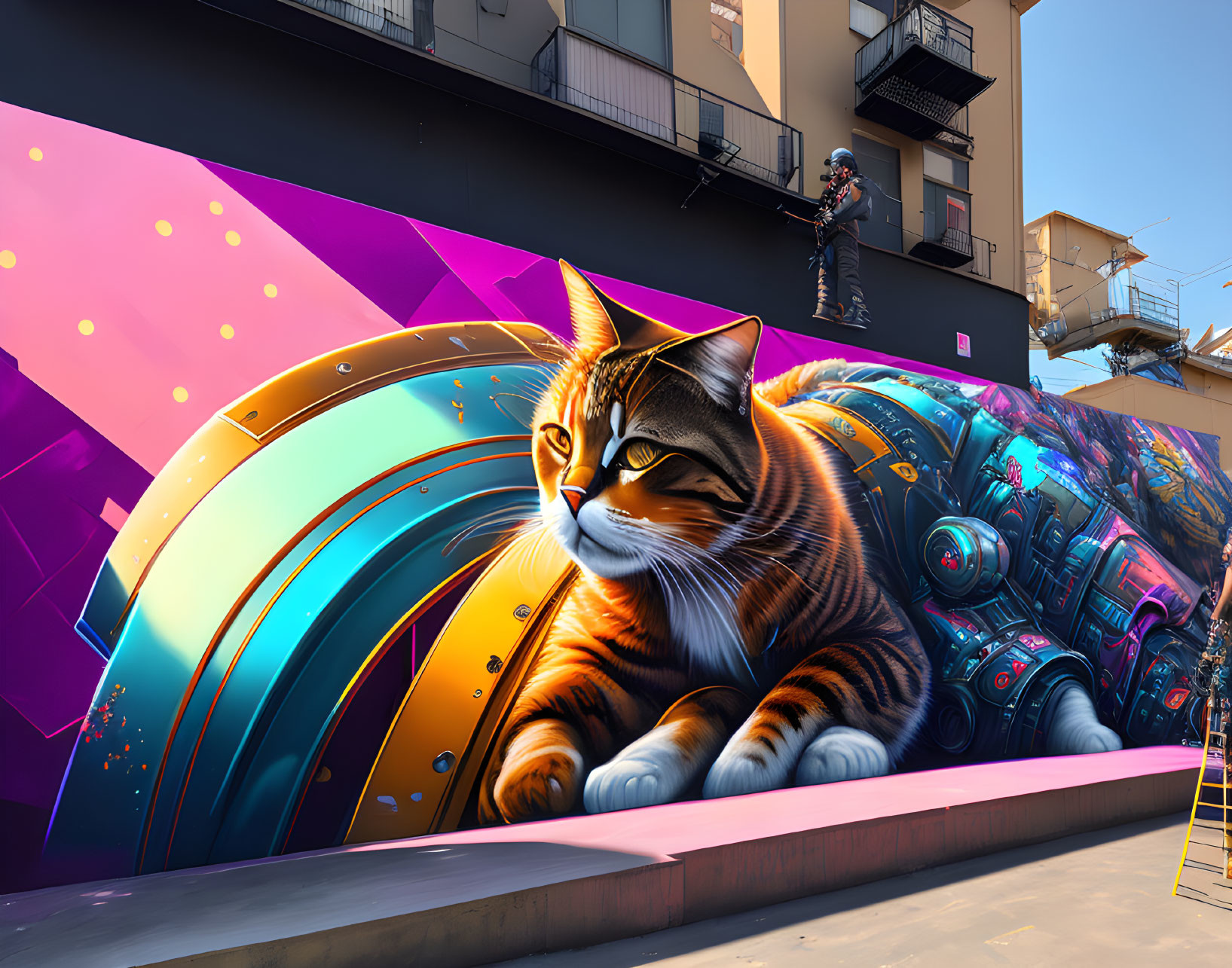 Colorful mural featuring oversized tabby cat and mechanical elements with person on ladder