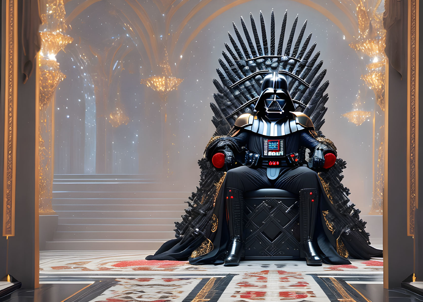 Person in Darth Vader costume on Iron Throne-like chair in grand room