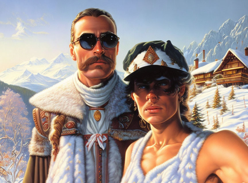 Traditional Alpine Clothing: Man and Woman in Snowy Mountain Landscape