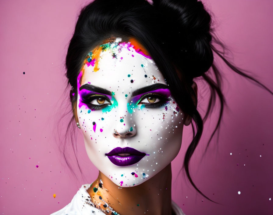 Colorful Makeup Splatters on Woman Against Pink Background