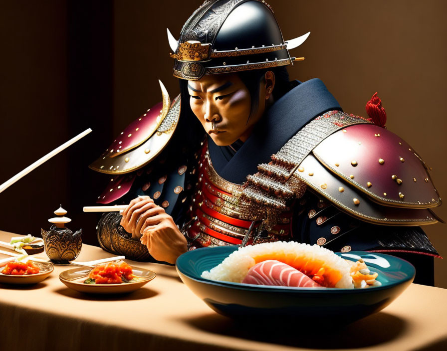Traditional Samurai Armor Wearer with Japanese Sushi Display