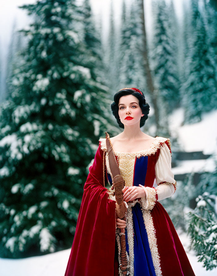 Woman in Snow White costume in snowy forest scene