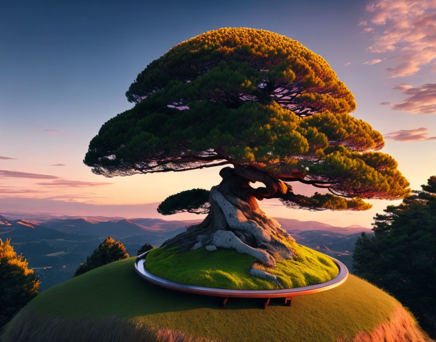 Majestic bonsai tree on lush hill under dramatic sunset sky