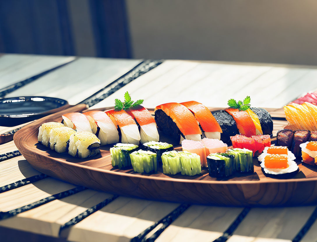 Fresh sushi and sashimi on wooden tray with herbs on bamboo table