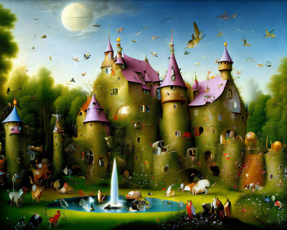 Fantastical castle painting with diverse creatures and surreal elements