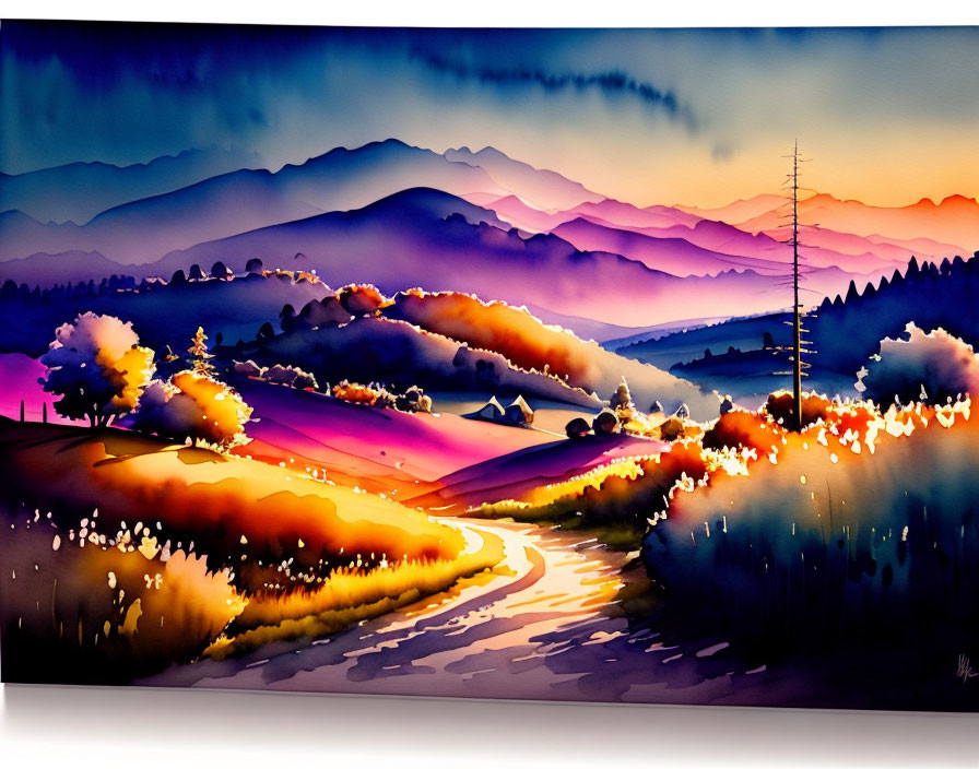 Colorful painting of winding path through rolling hills under twilight sky.