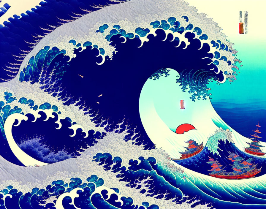 Detailed depiction of The Great Wave off Kanagawa with large blue ocean waves, white foam, red