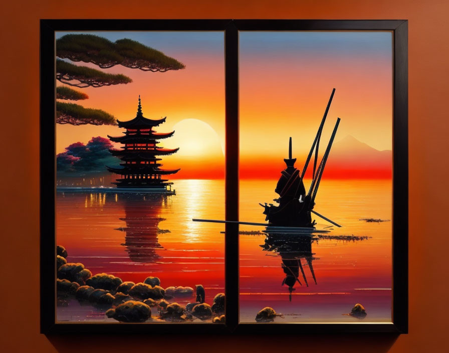 Japanese scene diptych: pagoda, fisherman, Mount Fuji at sunset