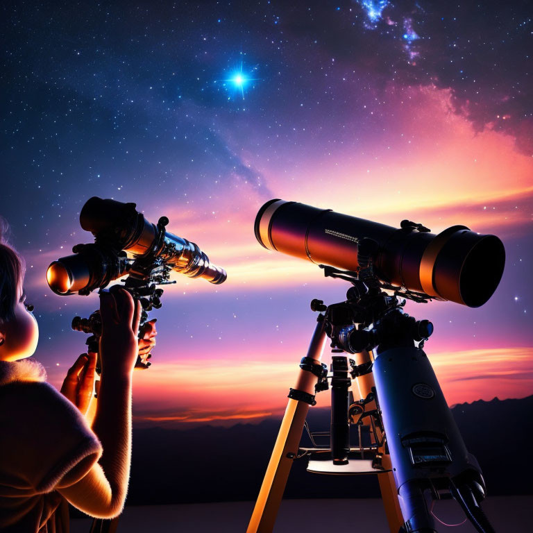 Person observing starlit sky through telescope with vibrant sunset hues