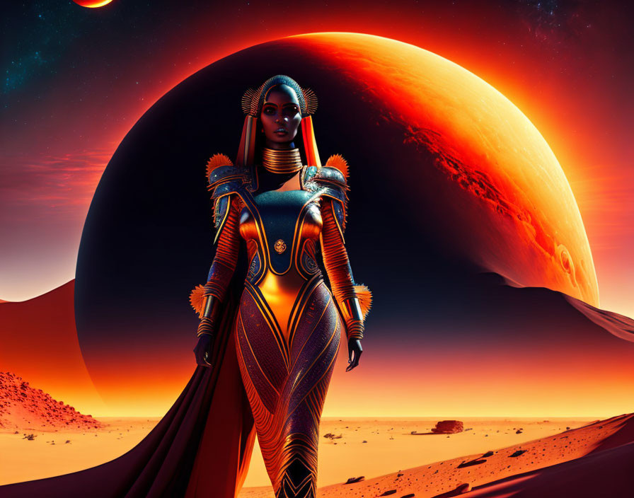 Futuristic female figure in ornate armor on desert terrain with red planet