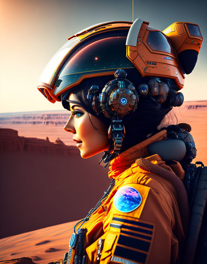 Detailed futuristic female astronaut in helmet against desert-like backdrop