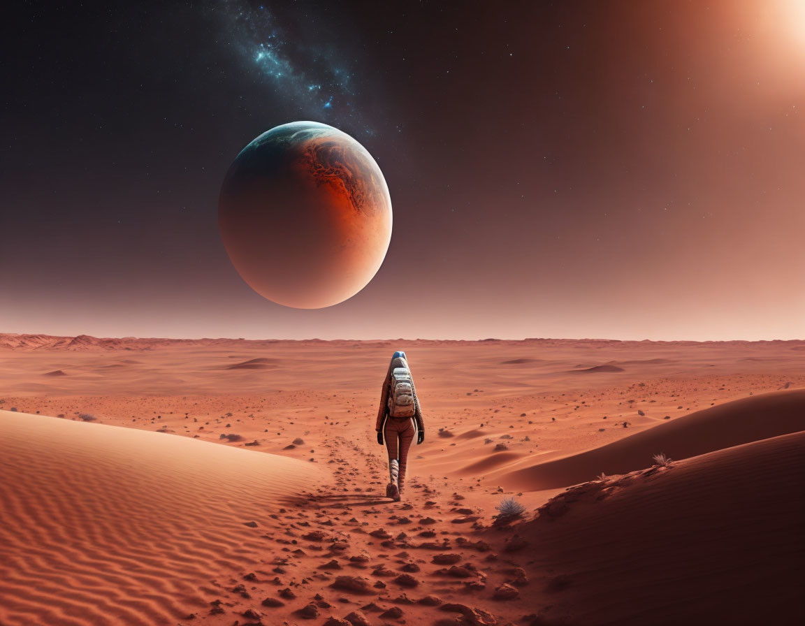 Astronaut exploring alien planet with dunes under starry sky