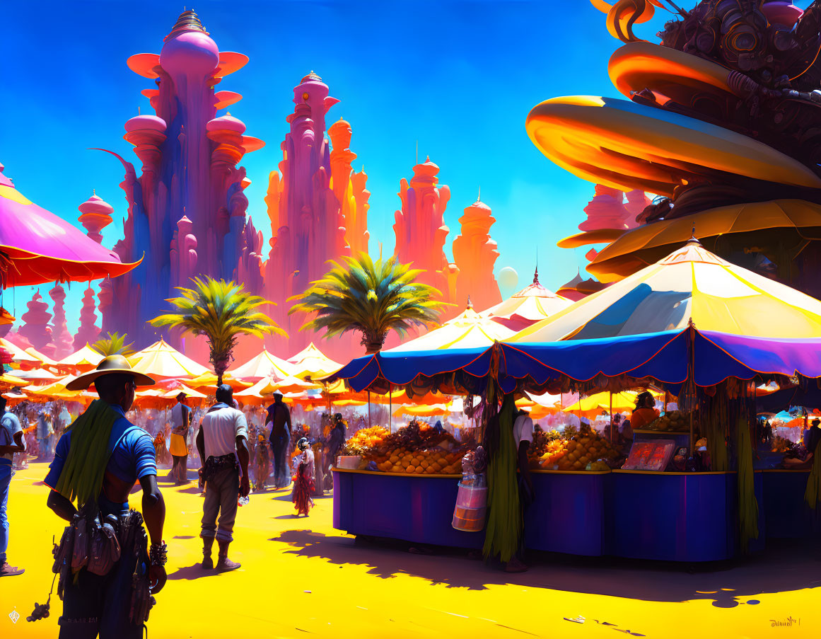 Colorful Market Scene with Futuristic Towers and Figure in Hat