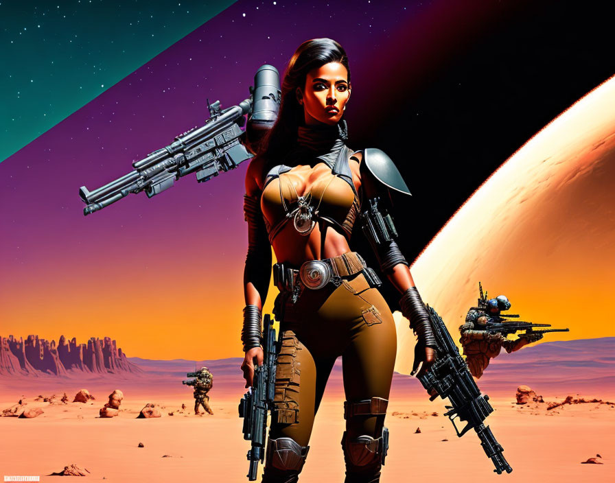Futuristic female warrior in advanced armor on alien planet