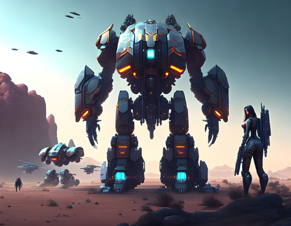 Giant futuristic robot with blue accents in desert with soldier and drones