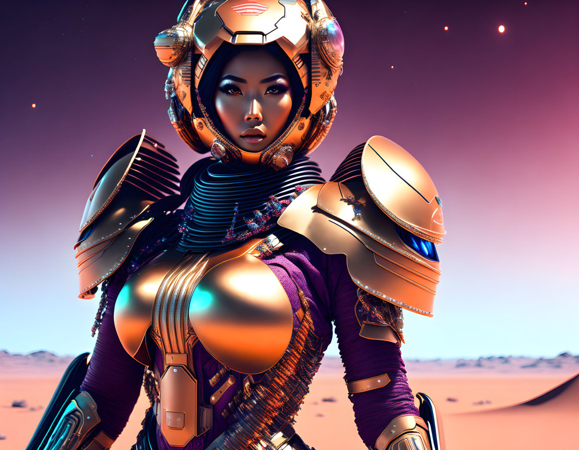 Futuristic female warrior in golden and purple armor against desert landscape