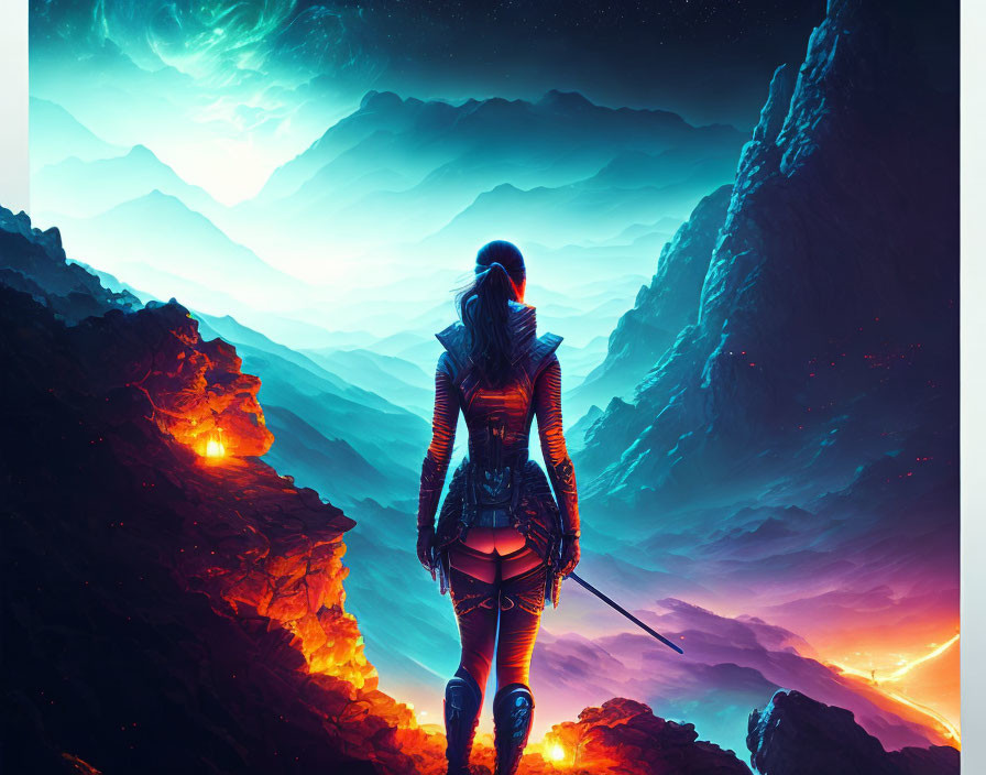 Warrior with sword in hand in fantastical landscape under starry sky