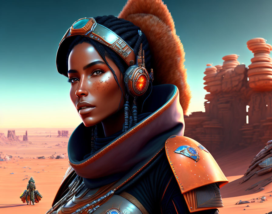 Futuristic female figure with headphones and pilot helmet in desert setting