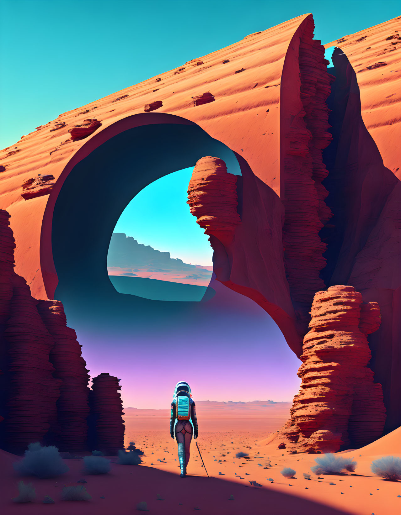 Surreal Martian landscape with towering rock formations and natural arch