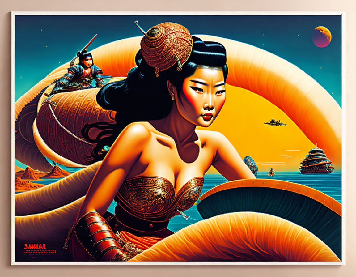 Illustration of woman on orange tentacle with samurai and exotic landscape