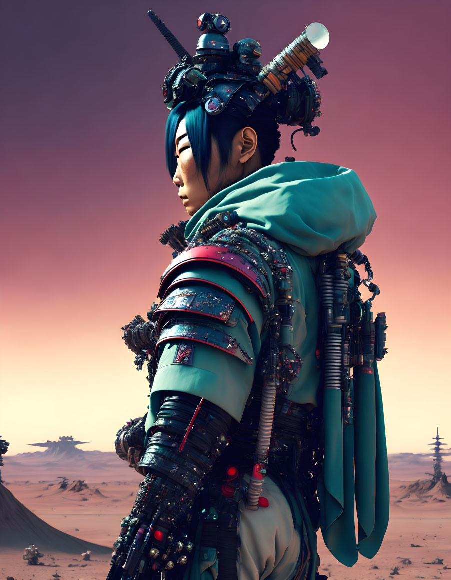 Blue-haired futuristic warrior in intricate armor in desert landscape