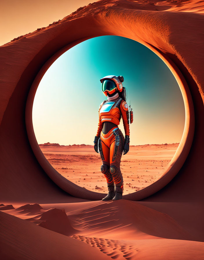 Astronaut in Martian landscape with cave entrance under blue sky
