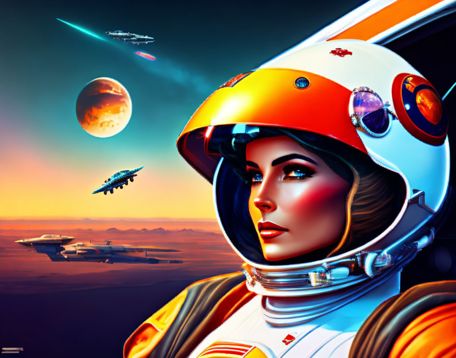 Female astronaut with helmet in colorful space backdrop.