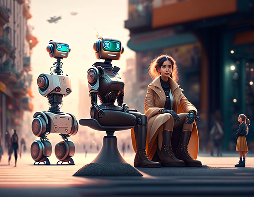 Woman with two robots on city street at sunset