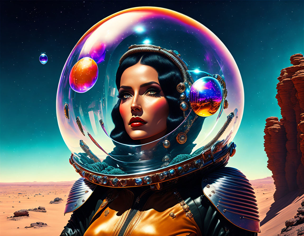 Stylized woman in space suit with cosmic helmet in desert scene