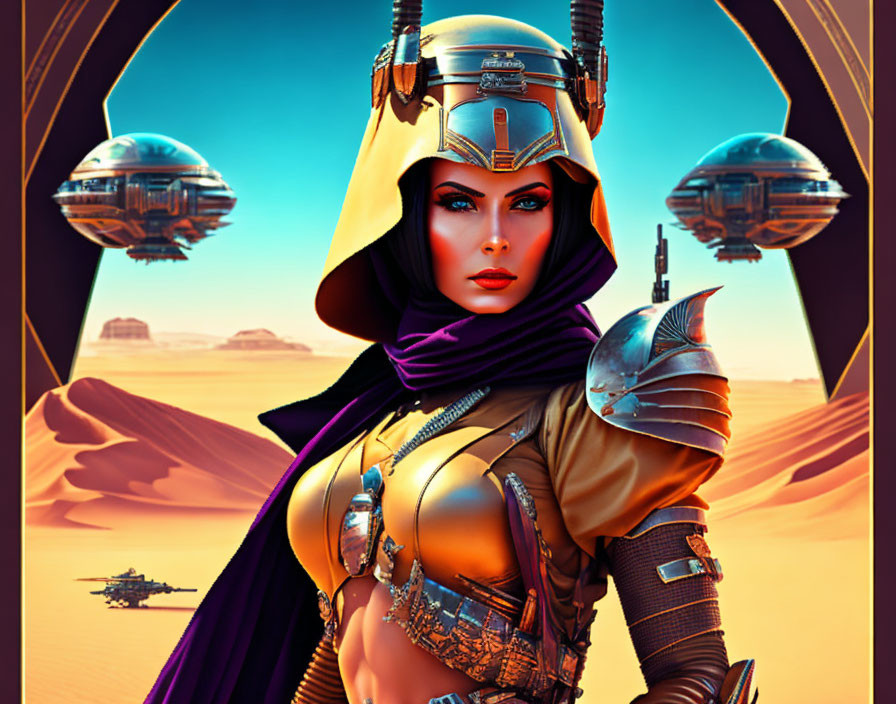 Futuristic female warrior in elaborate armor in desert landscape