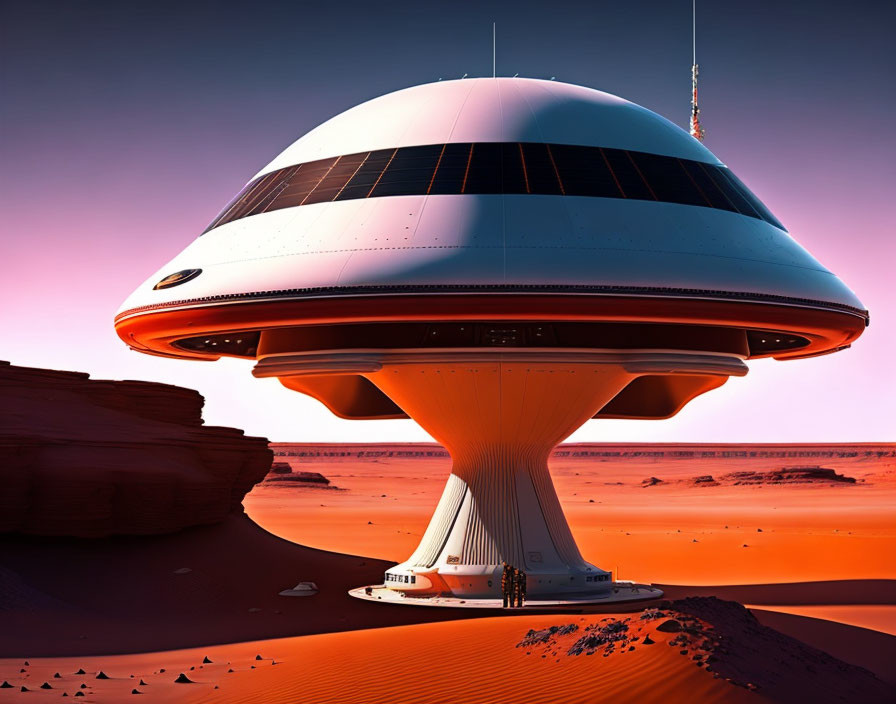 Futuristic UFO-shaped building in desert with solar panels