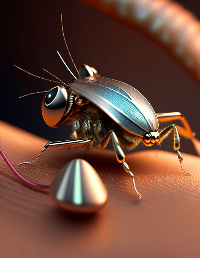 Detailed Robotic Beetle on Amber Surface: Metallic and Mechanical Components