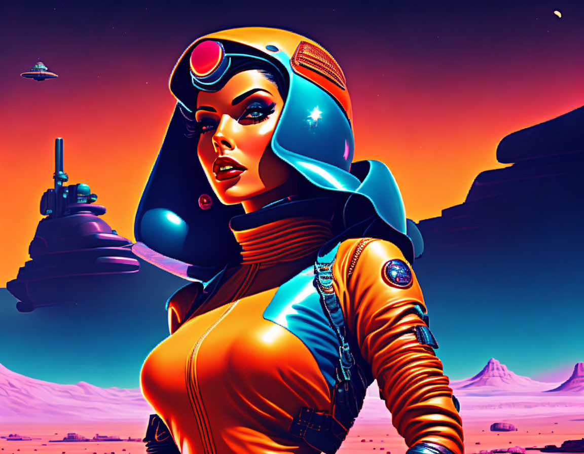 Futuristic female astronaut in orange space suit on desert planet with spaceship and alien architecture at dusk