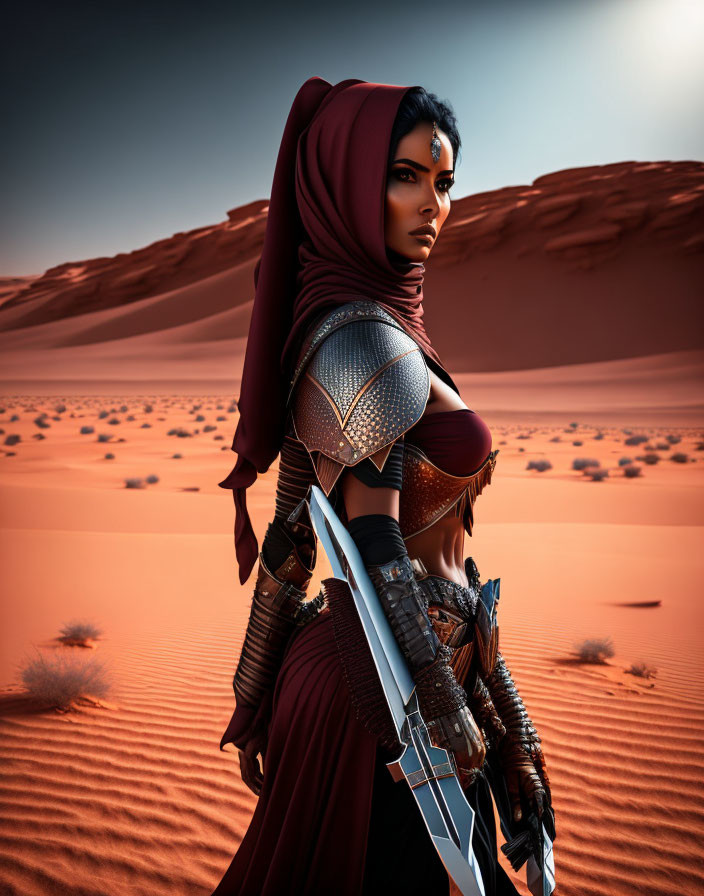 Dark-haired warrior woman in desert with sword and red scarf