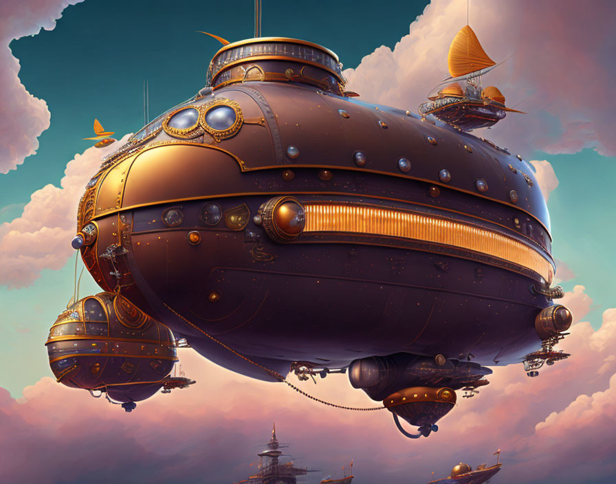 Fantastical airship with golden accents in warm cloudy sky