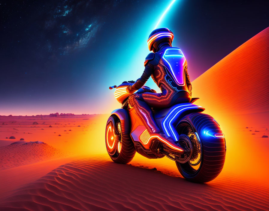Futuristic glowing suit rider on neon-lit motorcycle in desert night landscape
