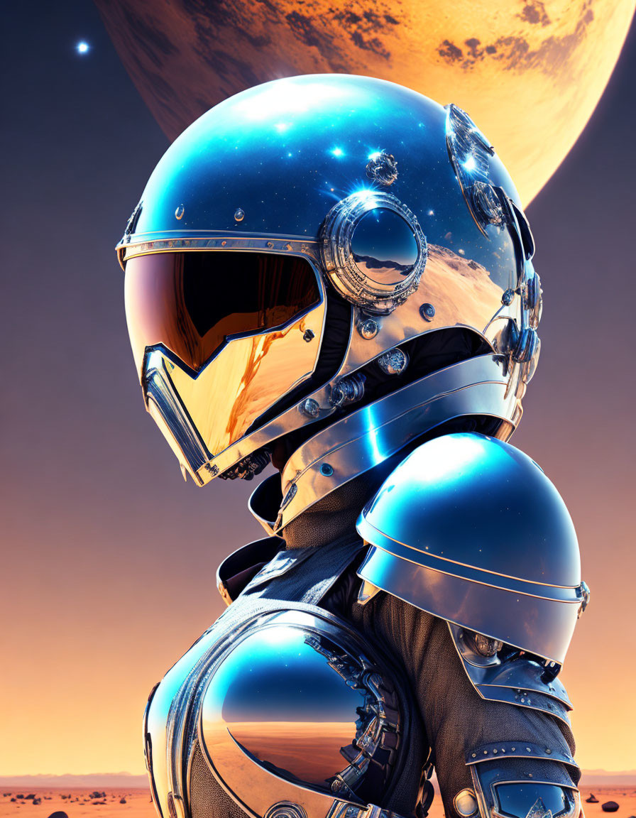 Astronaut in reflective space suit on alien planet with large planet and moons in dusky sky