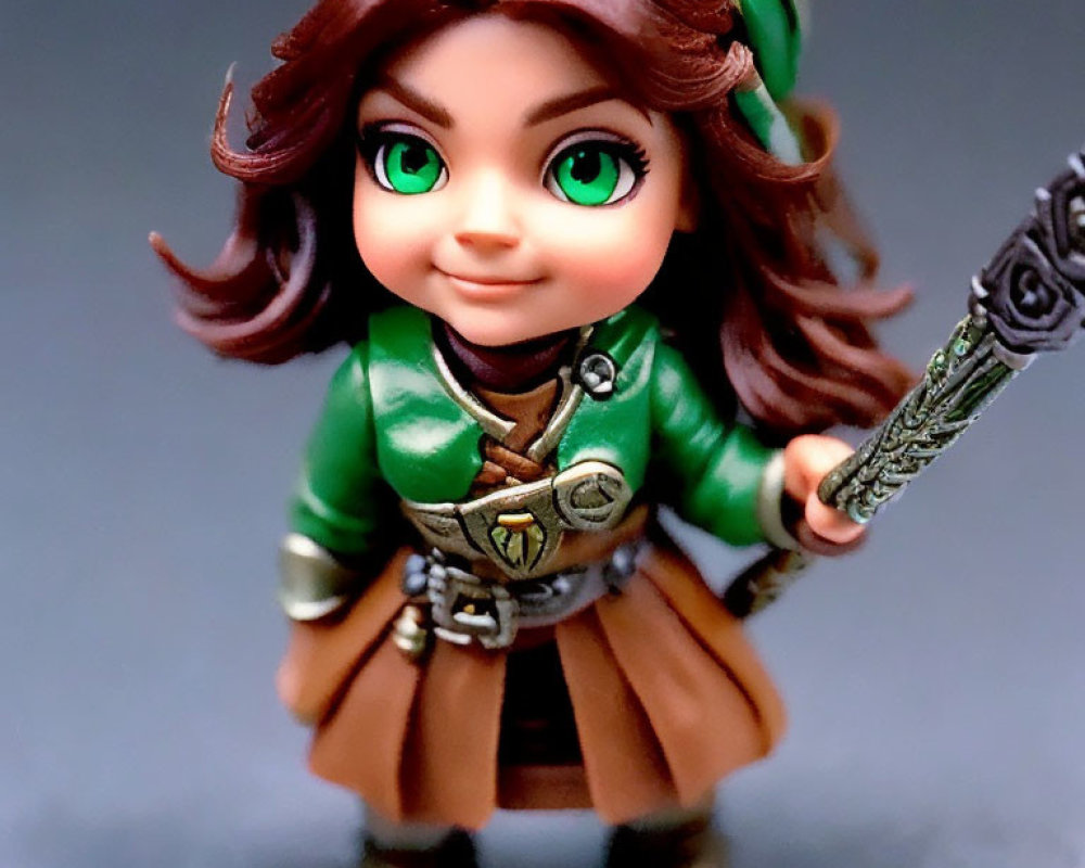 Stylized figurine with large green eyes in fantasy outfit holding staff