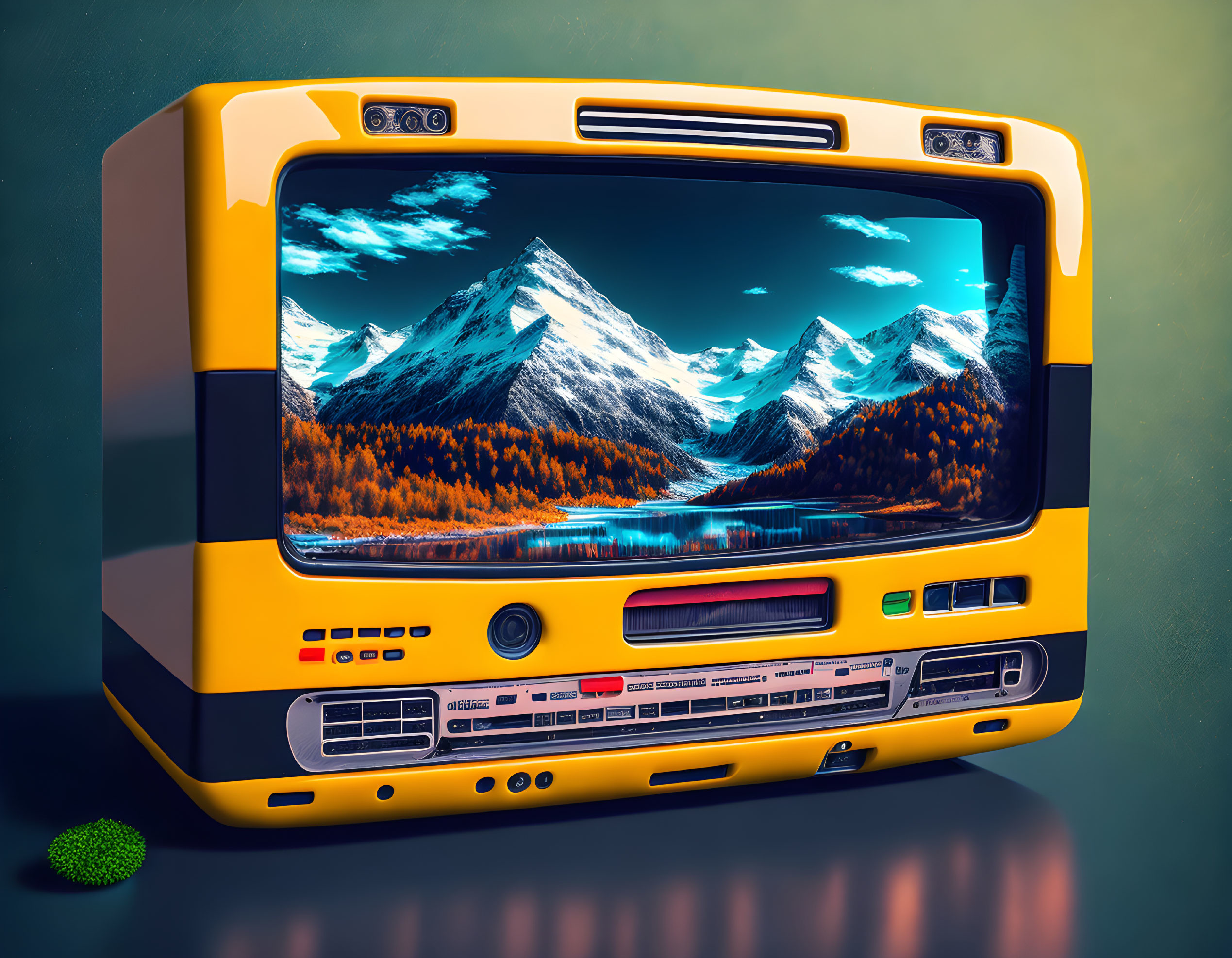 Yellow Retro-Futuristic Television Displaying Autumn Mountain Landscape
