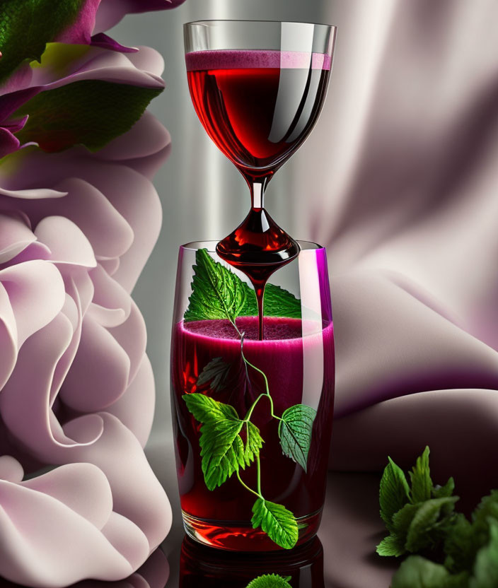 Red wine glass with mint leaves, pink roses, and drapery in background