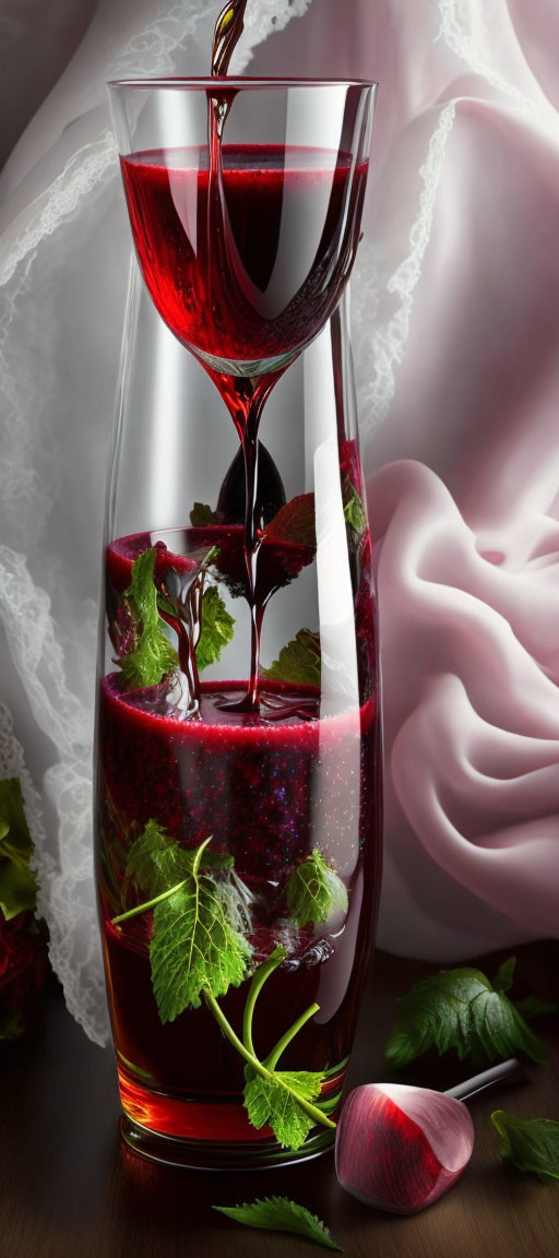 Red Wine Carafe and Glass with Mint Leaves, Roses, and Fabric for Elegant and Romantic Setting