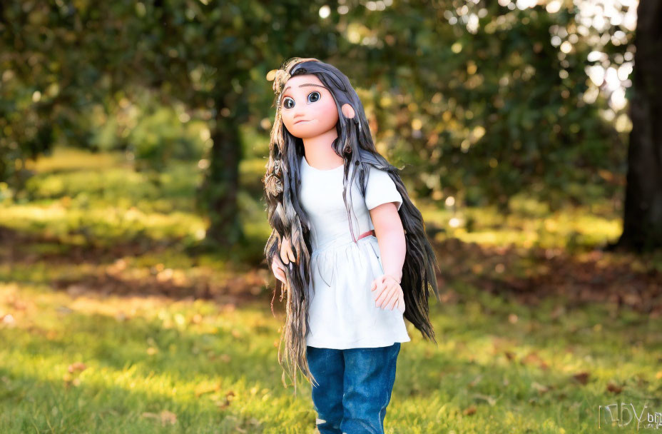Realistic Doll with Long Black Hair in White Tee and Jeans at Sunny Park