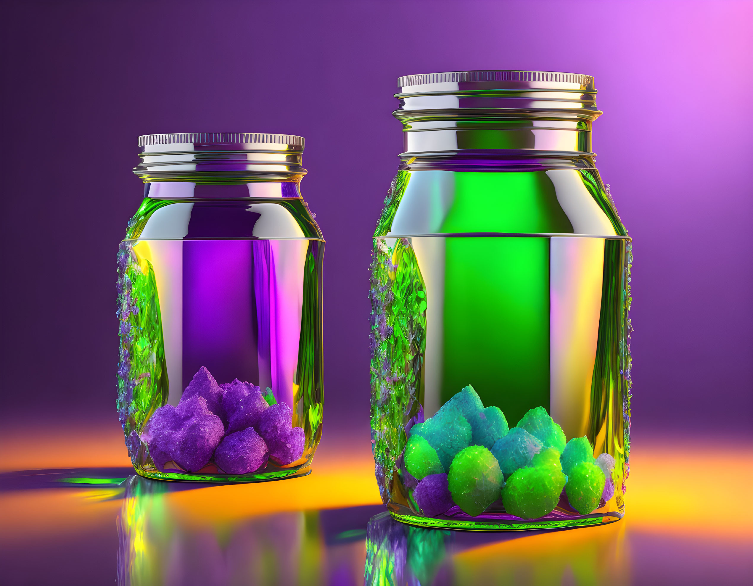 Glass jars with purple and green crystals on gradient background