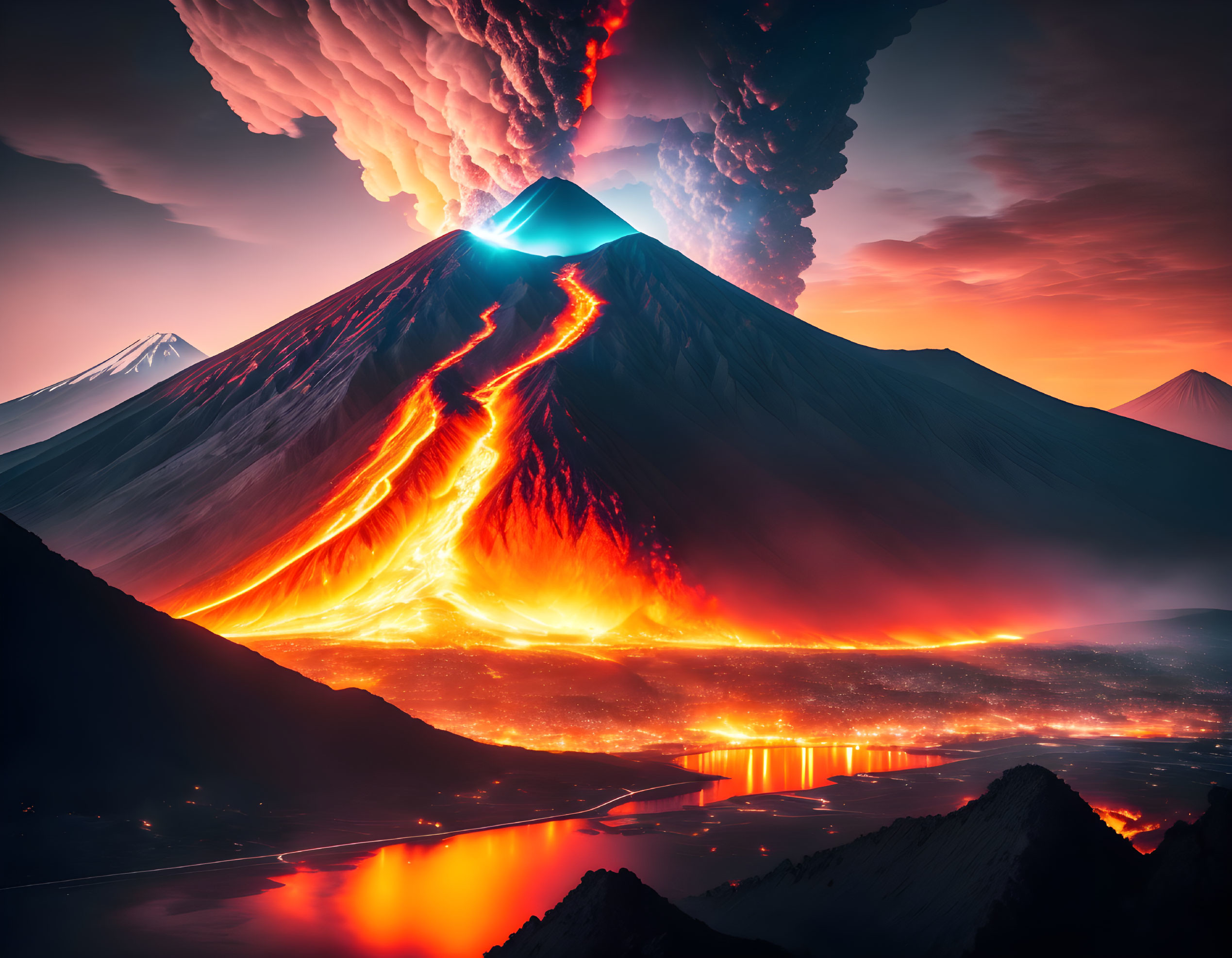 Erupting volcano with flowing lava and ash plume against twilight sky