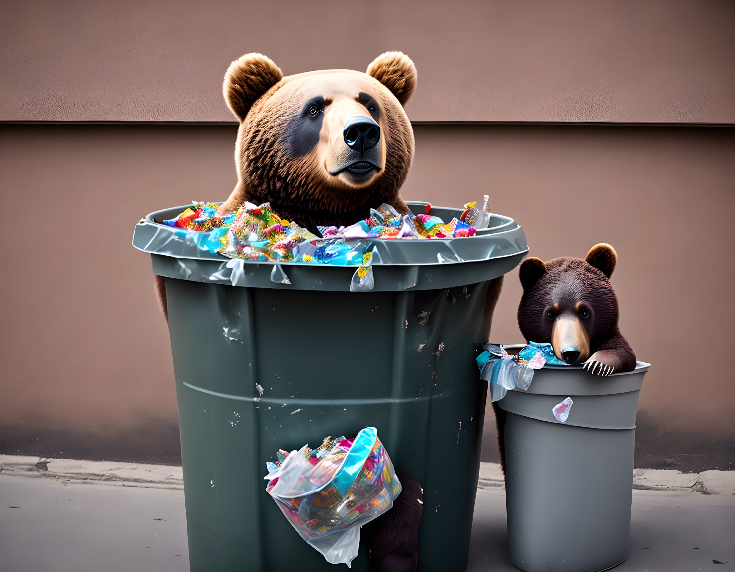 Realistic bear figures with overflowing candy wrappers.